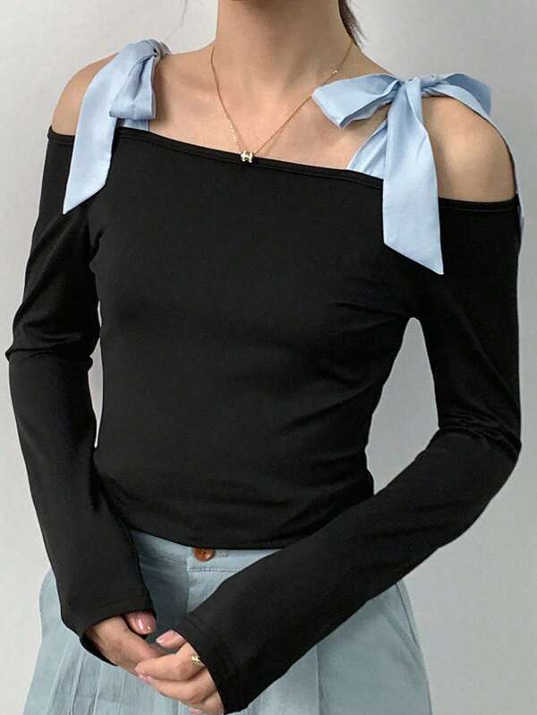 FRIFUL Women's Spring/Summer Long Sleeve Off Shoulder Bowknot Tie Blouse