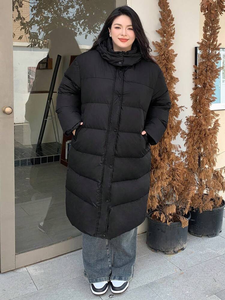 Dazy Plus Plus Size Women Solid Color Thick Hooded Long Warm Padded Coat, Winter Clothes