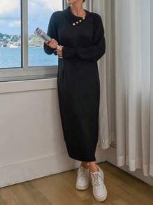EURMUSE Knitwear Oversize Dress With Button Detail - Black - View 3