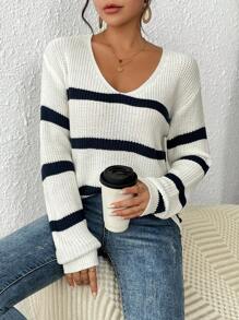 SHEIN VCAY 秋冬条纹落肩V领毛衣、长袖上衣 - 米色 - 查看 5