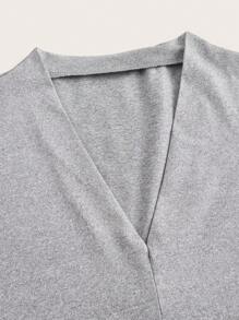 EMERY ROSE Women's Solid Color V-Neck Short Sleeve Casual Versatile T-Shirt - Grey - View 3