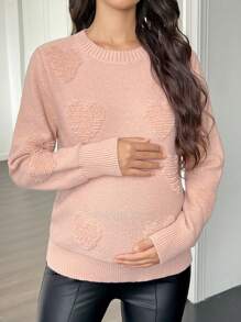 SHEIN Pregnant Women Heart Pattern Loose Round Neck Long Sleeve Casual Sweater, Autumn/Winter, For Maternity - Pink - View 4