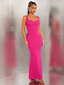 SHEIN SXY 节日礼服红裙大露背蝴蝶结装饰热粉色女装性感女式长款鱼尾裙派对连衣裙 - 玫瑰紅 - 查看 4