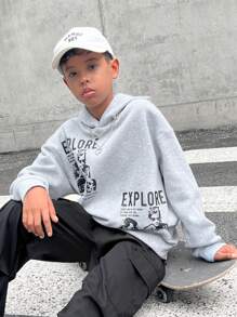 Conjunto de 2 piezas de Ropa de moda urbana para niños preadolescentes: sudadera con capucha con gráfico retrato y pantalón cargo de corte suelto, adecuado para ir y venir, la escuela, uso diario casual, deportes, otoño e invierno