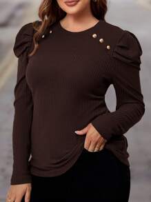 SHEIN Clasi Plus Size Solid Color Gigot Sleeve T-Shirt, Spring Autumn
