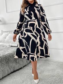 SHEIN Clasi Abito casual con stampa floreale casuale, scollo a V e cordoncino, adatto alle taglie forti, per primavera e autunno