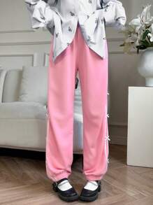 Chiquease Damen Rosa Hose mit seitlichem Streifen und Schleifendekor - Pink - Übersicht 6