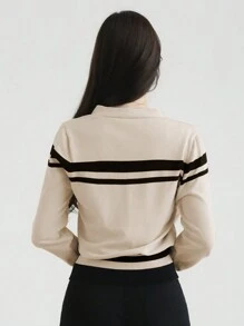 DAZY 女士条纹拼色 V 领开衫 - 米色 - 查看 5