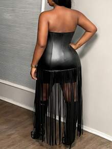 Slaydiva Plus Size Women's Black PU Bandeau Fringe Dress