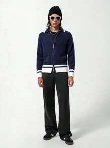 Vintage Baseball Jacket With Handcraft Contrast Color Long Sleeve, Pockets & Shawl Collar, Regular Knitted Cardigan - Royal Blue - View 3