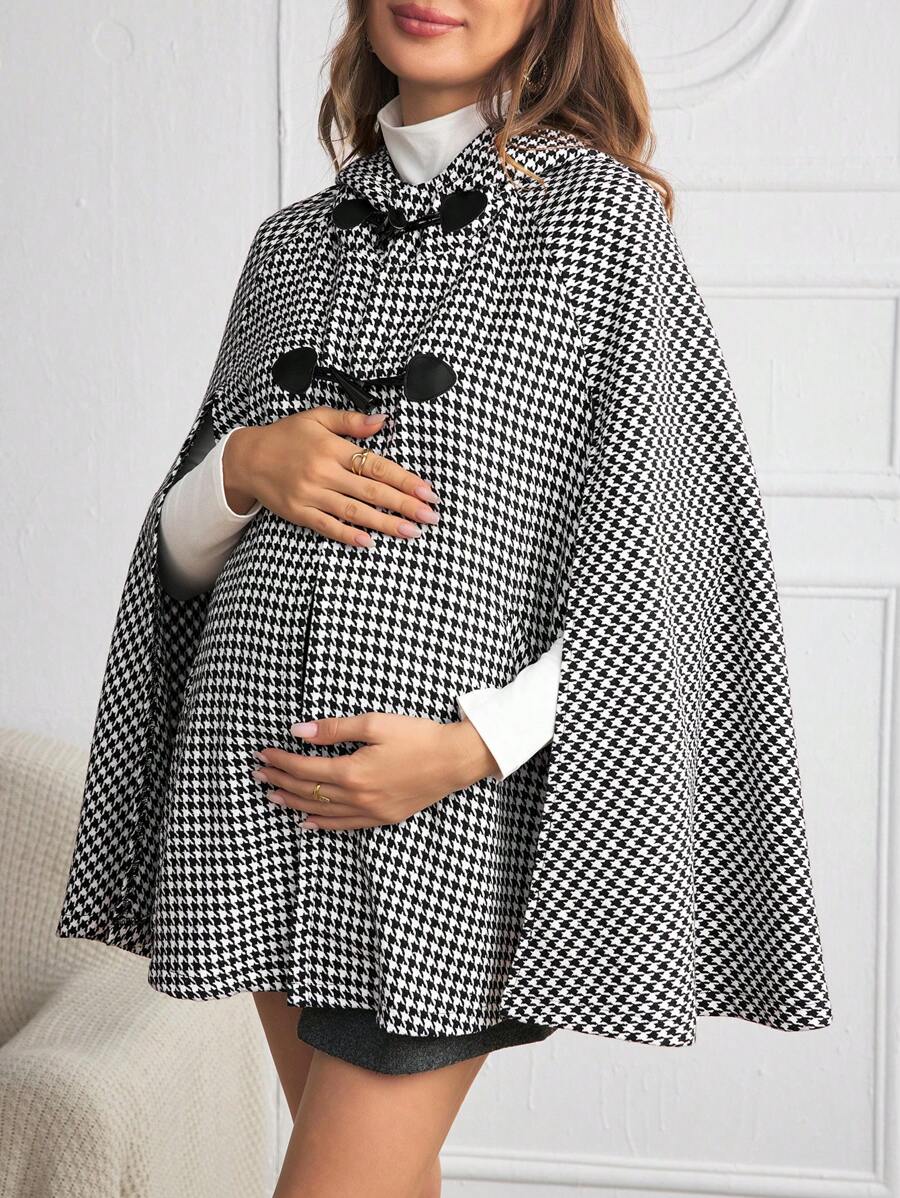 SHEIN Maternity Duffle Button Front Hooded Cape Coat With Cloak Sleeves, Winter Jacket For Women - Black and White - View 1
