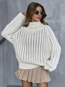 Suéter holgado informal de manga raglan con cuello de tortuga y abertura