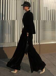 DAZY Women's Solid Color Lapel Collar Long Sleeve Elegant Velvet Wide Leg Jumpsuit,Back To School Clothes