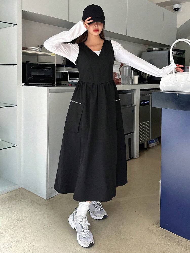 Women's Casual V-Neck A-Line Solid Color Loose Dress For Spring And Autumn Maxi Dress