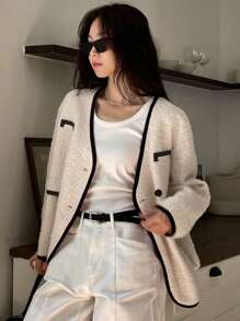 DAZY Áo khoác lông cừu giả màu tương phản dáng rộng thoải mái cho nữ - Màu be - Xem 2