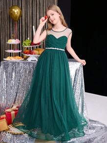 SHEIN Vestido Verde com Contraste em Tela para Meninas Adolescentes, Decote Canoa com Babados e Costas Abertas, Bainha com Bordado Floral, Vestido de Festa Elegante Adequado para Natal, Halloween, Páscoa e Outras Festas - Verde Escuro - Visão 4