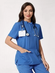 TaskEZ 女士时尚休闲撞色短袖高领拉链护士手术服 T 恤手术上衣，带 2 个口袋，透气抗起球和抗静电，美容院、宠物医院、游乐场工作服 - 藍色 - 查看 6