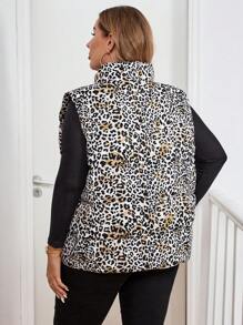 SHEIN Clasi Plus Size Women's Winter Leopard Print Stand Collar Zipper Front Padded Coat - Multicolor - View 2