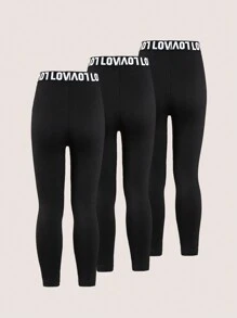3pcs/Set Young Girl Graphic Belt Waist Comfortable Sport Leggings, Black