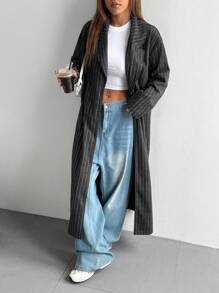 Flirla 女式条纹翻领长袖休闲大衣，秋冬 - 深灰色 - 查看 5