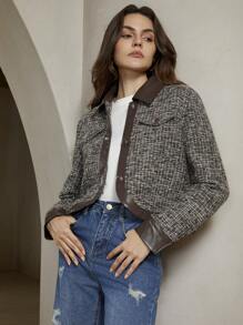 Anewsta Urban Style PU Patchwork Women's Plaid Long Sleeve Jacket - Brown - View 4