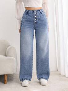 SHEIN Essnce Quần Jeans Ống Thẳng Đơn Giản Cài Nút Phía Trước, Mặc Hàng Ngày Thường Ngày - Rửa trung bình - Xem 5