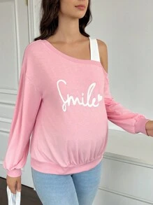 SHEIN Maternity Letter Print Asymmetric Neck Long Sleeve Sweatshirt, For Winter