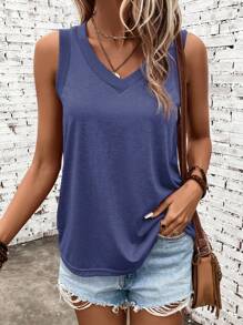 SHEIN Clasi 女士夏季 V 领纯色休闲吊带背心 - 寶藍色 - 查看 1