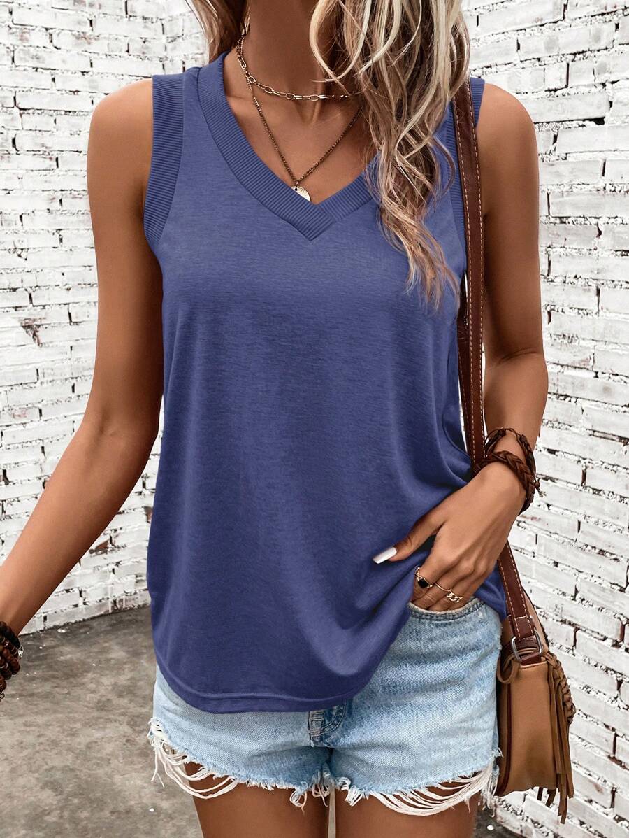 SHEIN Clasi 女士夏季 V 领纯色休闲吊带背心 - 寶藍色 - 查看 1