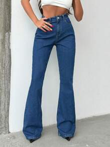 SHEIN Tall 98% CottonHIGH RISE FLARED LONG BLACK JEANS TALL - Medium Wash - View 4