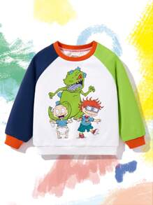 Nick 90s X SHEIN Sudadera informal de cuello redondo para niño con estampado de dinosaurio de dibujos animados y mangas raglán de color block