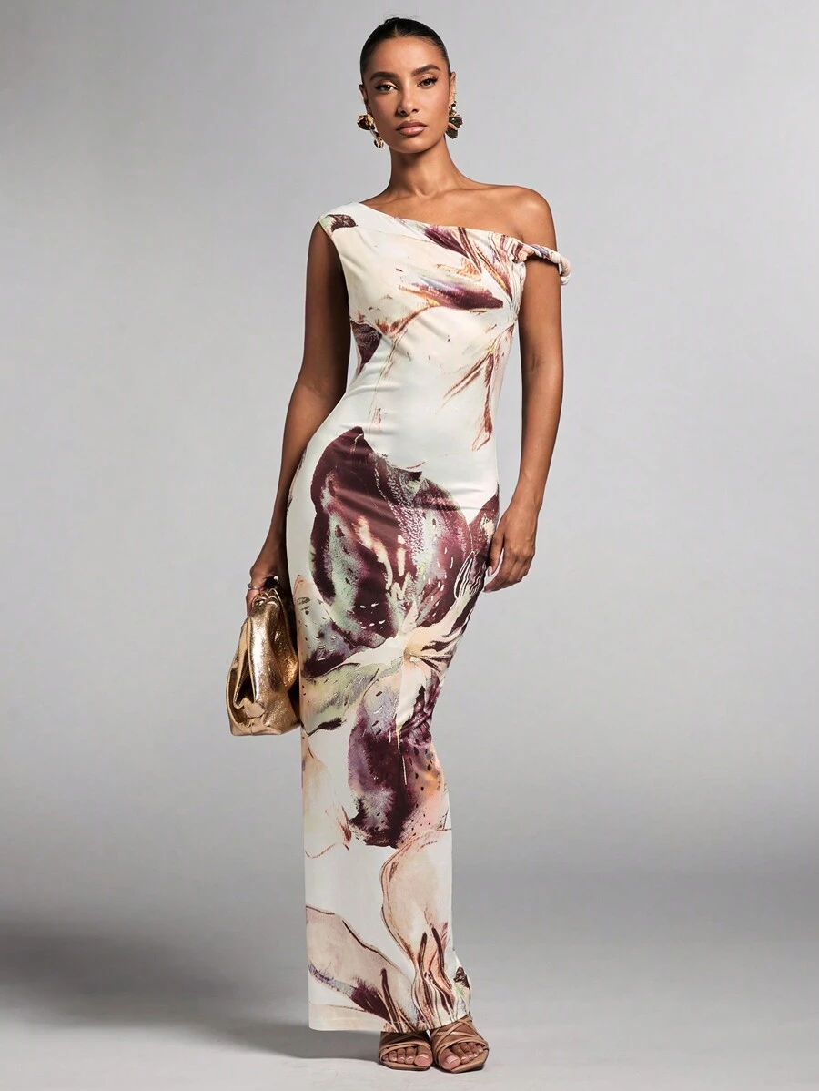 SHEIN BAE Đầm hở vai bất đối xứng in họa tiết hoa phong cách nghỉ dưỡng thanh lịch cho nữ, mùa hè - Nhiều màu - Xem 1