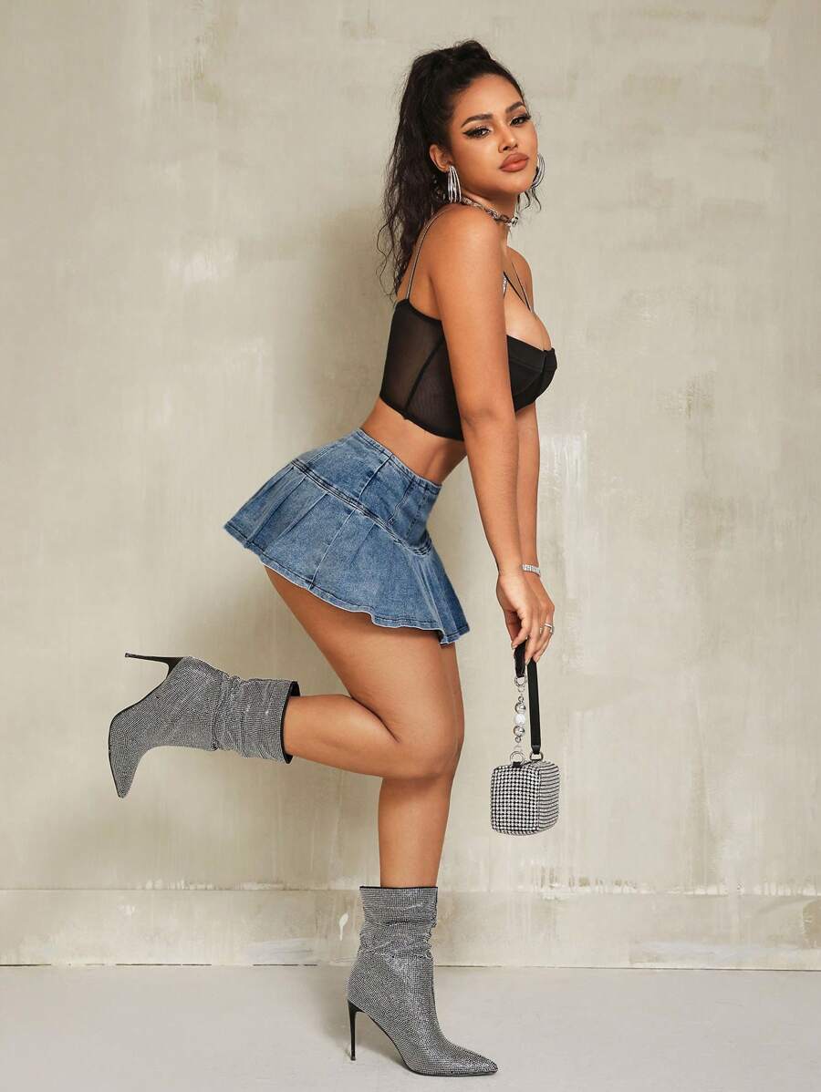 SHEIN SXY Summer Casual Ruched Mini Denim Skirt