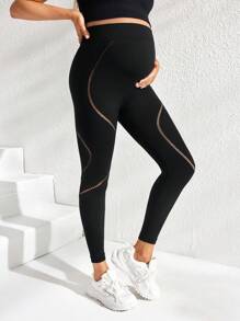 SHEIN Pregnant Women Solid Color Hollow Out High Waist Casual Fitness Sports Pants, For Maternity - Black - View 4
