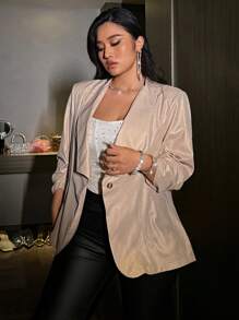 SHEIN Privé 大码女式金色闪亮翻领长袖西装外套，适合夜间聚会晚宴 - 金色 - 查看 3