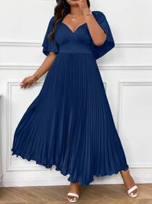 Cravure 加大码女式甜心领褶皱中长优雅连衣裙长款女式婚礼服 - 藏蓝色 - 查看 3