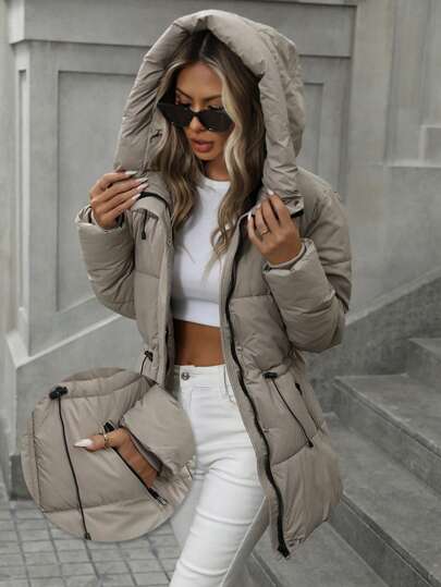 Aveloria Fashionable Casual Adjustable Waist Quilted Mid-Length Hooded Padded Padded Coat Clothes Winter For Women  Fall Cloth For Women