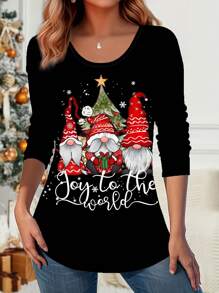 INAWLY Christmas Santa Claus Slogan Print Crew Neck Long Sleeve T-Shirt Graphic Tees Women Tops For Spring Outfit - Black - View 1