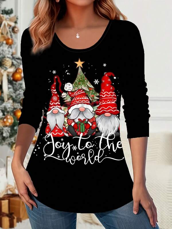INAWLY Christmas Santa Claus Slogan Print Crew Neck Long Sleeve T-Shirt Graphic Tees Women Tops For Spring Outfit