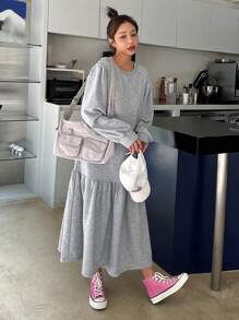 DAZY 女式超大圆领泡泡袖运动衫连衣裙，中长款，荷叶边，秋季服装 - 深灰色 - 查看 4