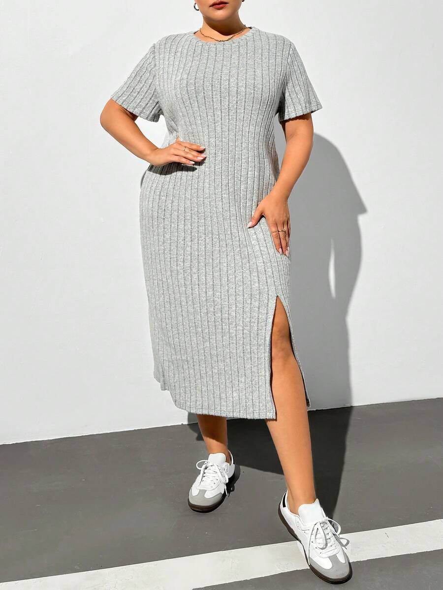 SHEIN Essnce Váy midi xám vải chải rộng rãi cho nữ cỡ lớn mùa thu, quần áo mùa thu cho nữ, váy cong, váy mặc ở nhà - Xám - Xem 1
