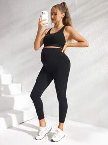 SHEIN Pregnant Women Simple Solid Round Neck Sleeveless Sport Tank Top, Casual Daily Wear, For Maternity - Black - View 5