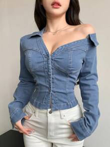 DAZY 女款拼接長袖牛仔襯衫，秋季服飾，牛仔短版外套 - 藍色 - 查看 6