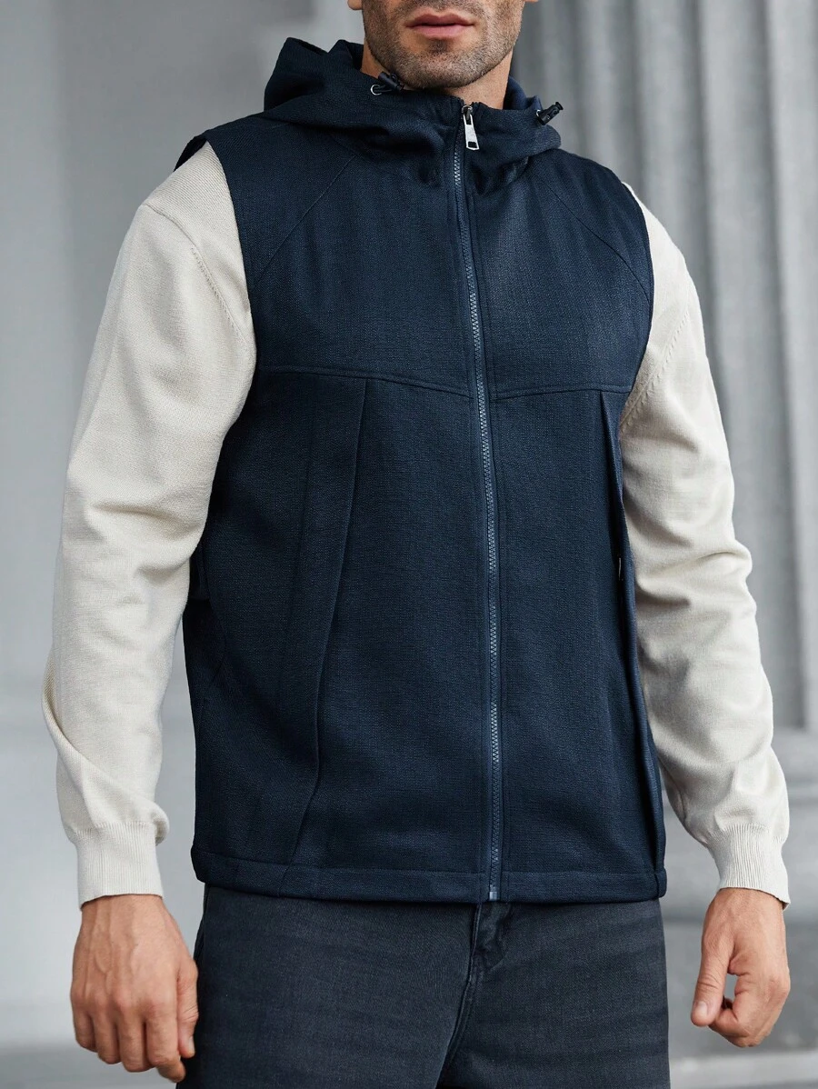 Manfinity Homme Men's Solid Color Zip Front Casual Hooded Vest, Spring & Autumn - Navy Blue - View 1