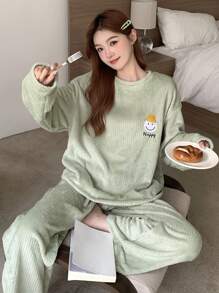 DAZY 条纹法兰绒加厚可爱表情装饰宽松蓬松睡衣套装，保暖内衬，秋冬服装，舒适保暖 - 綠色 - 查看 4