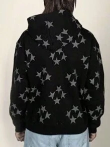 INAWLY 星形印花连帽卫衣，休闲百搭，秋冬季长袖套头衫 - 黑色 - 查看 2