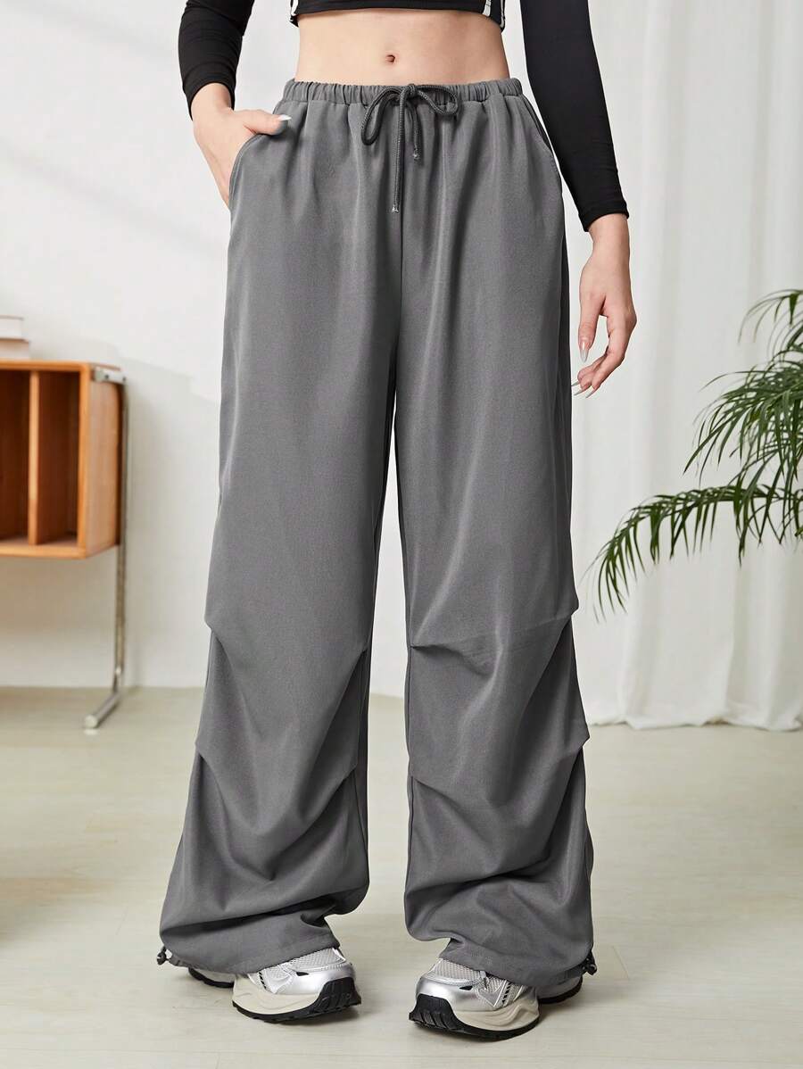 SHEIN Teen Girl's Solid Dark Grey Loose Fit Low Waist Elastic Waistband Ankle Length Pants - Grey - View 1