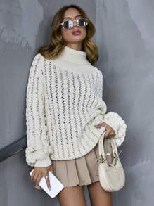 Suéter holgado informal de manga raglan con cuello de tortuga y abertura
