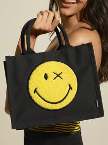 SmileyWorld® | SHEIN Women Cartoon Graphic Tote Black Bag - Black - View 3