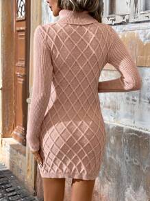 SHEIN Clasi Vestido de suéter de punto corto color caqui de manga larga con cuello alto elegante para mujeres